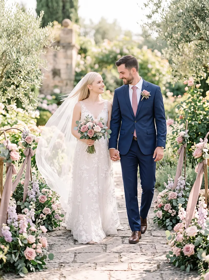 Esteban y Manuela caminando entre las flores